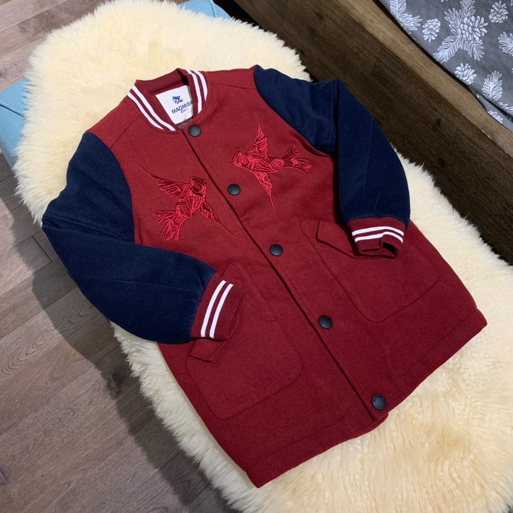 NWOT Unisex long cozy baseball jacket, red and dark blue with embroidery detail